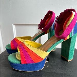 Rainbow faux suede heels